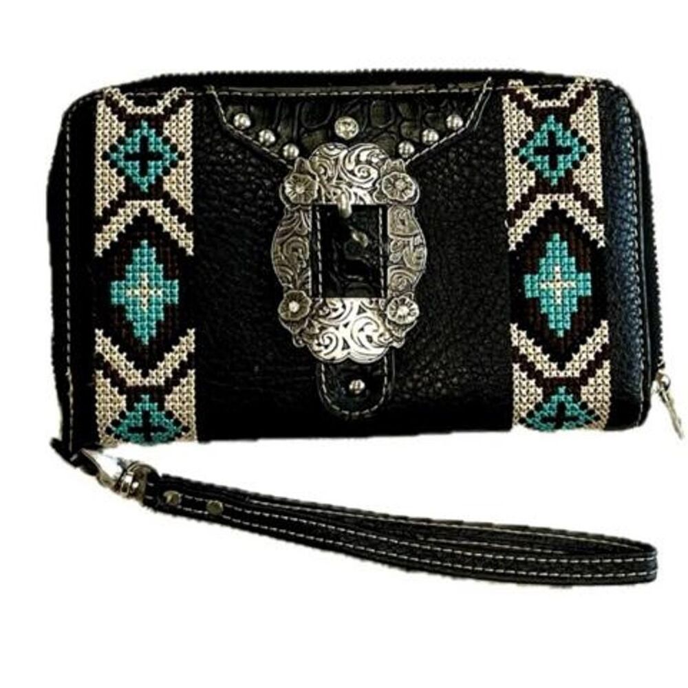 Montana West Embroidered Studded Black Faux Leather Wristlet Wallet Purse Clutch